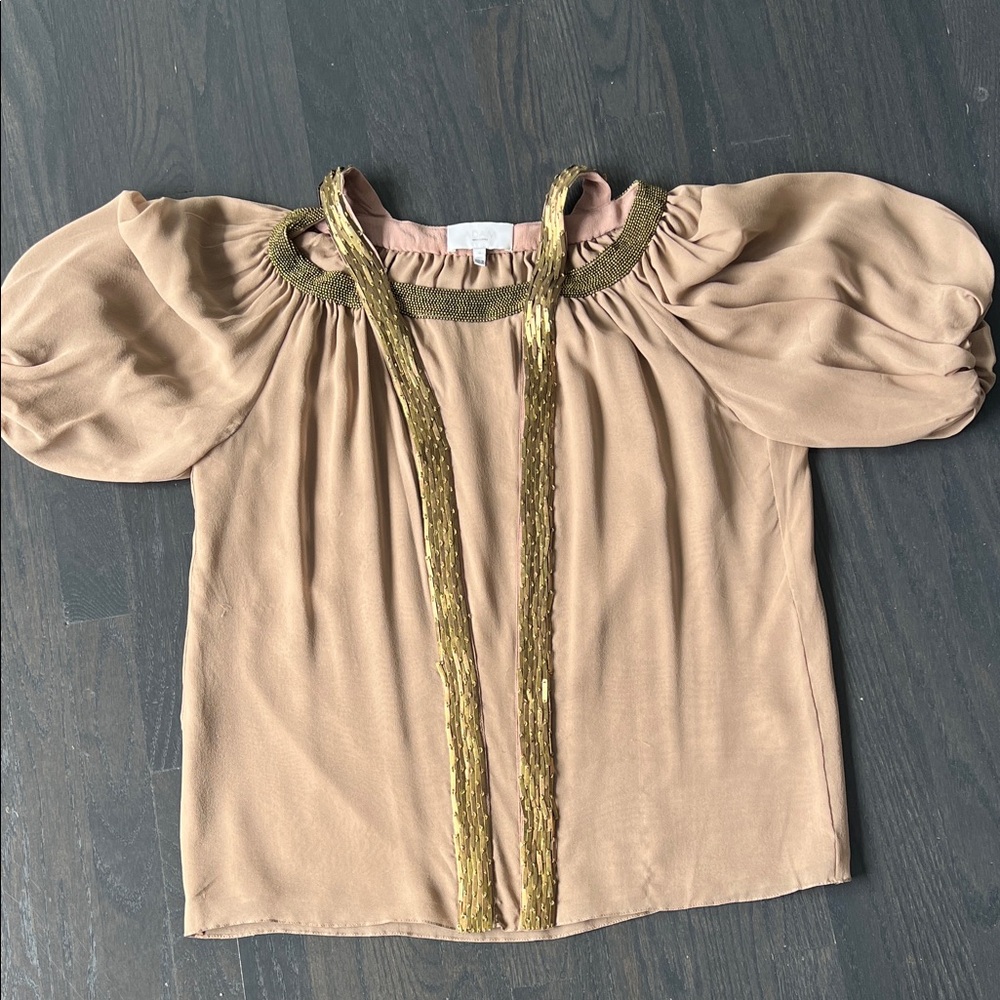 Adam Lippes Silk Tan Blouse with Gold Trim, worn once